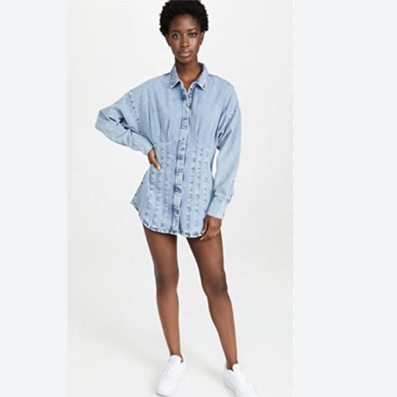 GOOD AMERICAN Seamed Long Sleeve Denim Shirtdress - Picture 1 of 13